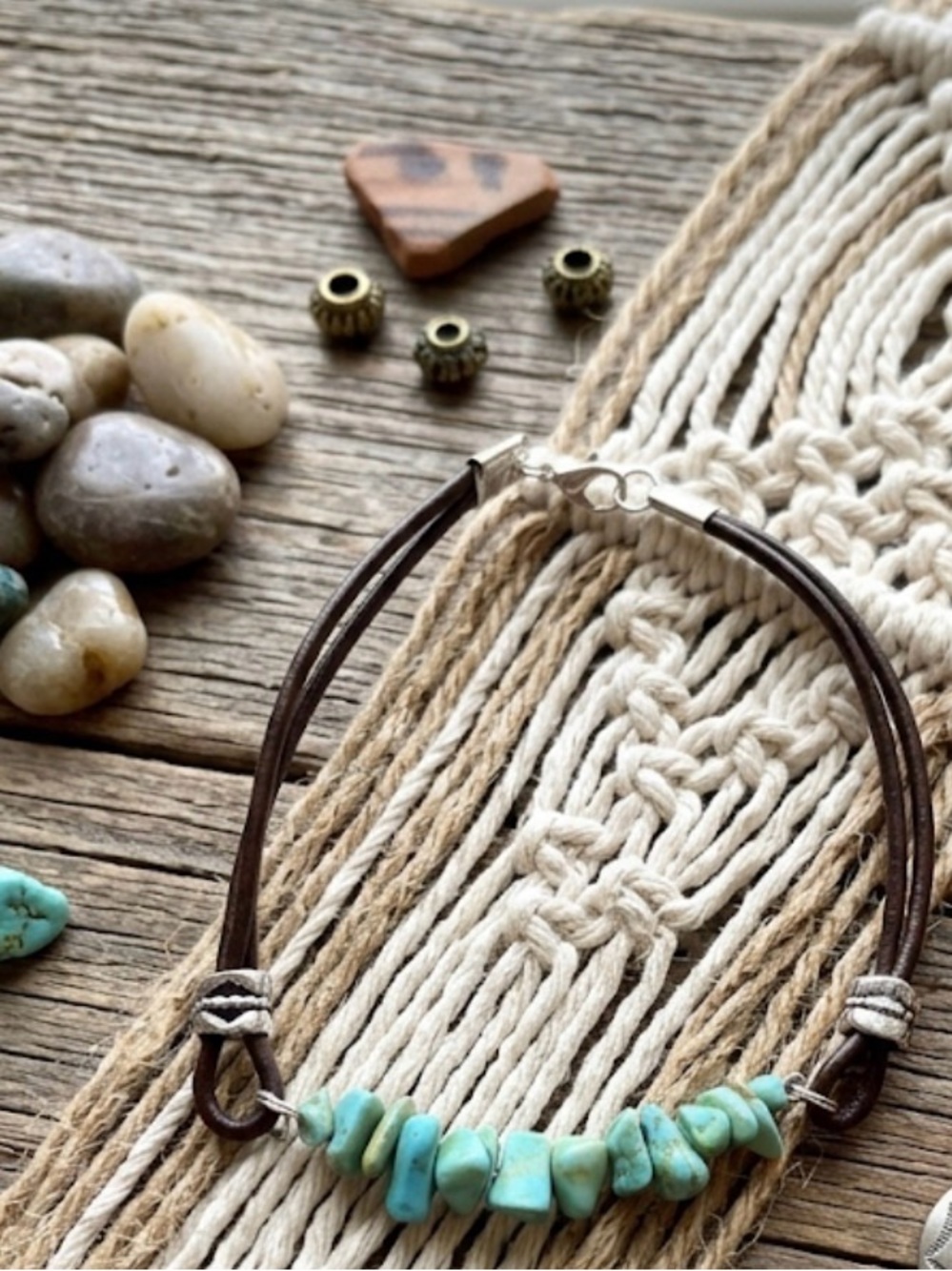 Artisan Turquoise Bead and Brown Cord Beach Anklet
